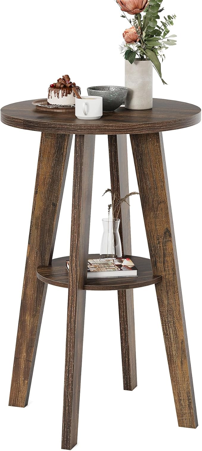 LITTLE TREE Portable Round Bar Table, High Top Bistro Pub Table, Mobile 2-Tier Shelves for Events, Party, Camping, Picnic, Tradeshow, 35.4-Inch Height (Brown, 1-Pack)