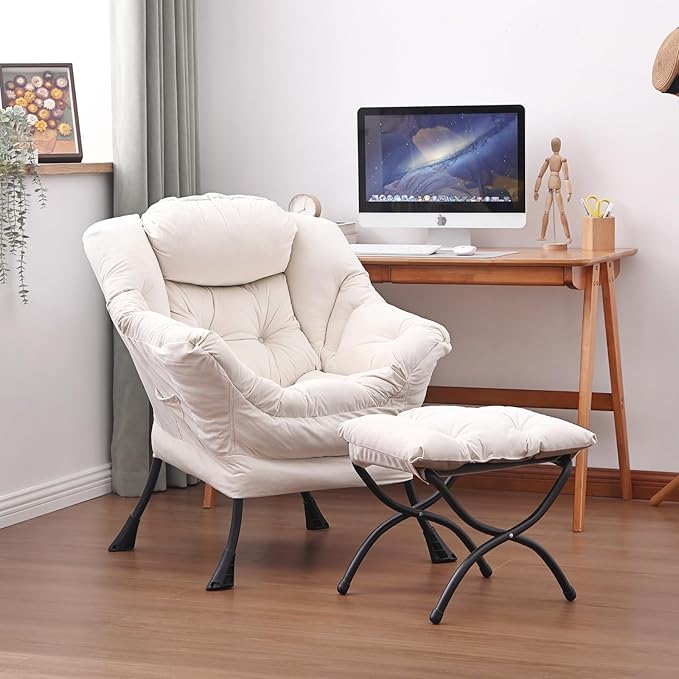 Lazy Chair and Ottoman, Large Accent Lounge Chair with Armrests and a Side Pocket, Modern Leisure Upholstered Sofa Reading Armchair with Footrest for Bedroom, Living Room, Dorm Rooms, Office