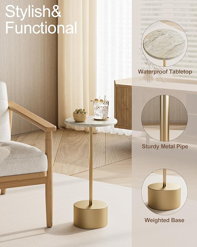 Drink Table Pedestal, Round Side Table, Drink Tables for Small Spaces, Pedestal End Table, Small Pedestal Table (Gold)