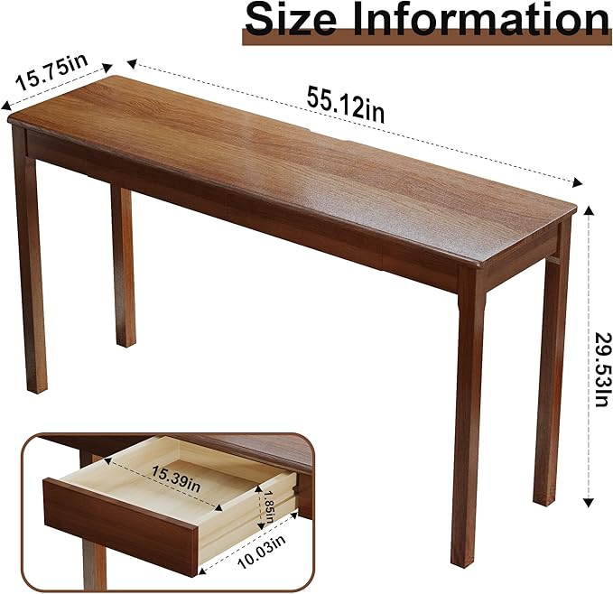 Solid Wood Desk with Drawers - 55 x 16 Inch Vintage Narrow Desks, Mid Century Modern Desks, Rubber Wood Study Table, Home Office Writing Desk for Bedroom|Small Spaces - Walnut Color
