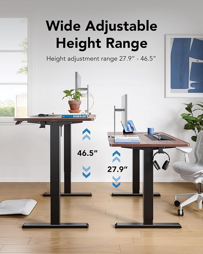 HUANUO 63" x 28" Electric Standing Desk Adjustable Height, 4 Memory Height Settings, Headphone Hook, Cable Manager, Sit Stand Up Desk for Home Office & Computer Workstation, Walnut