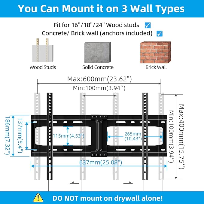 HOME VISION Heavy Duty Fixed TV Wall Mount for Most 32-86 Inch Flat TVs, Max VESA 600X400mm up to 165lbs Fits 16/18/24 Inch Wood Studs, Universal Low Profile Wall Mount TV Bracket, Space Saving HV8601