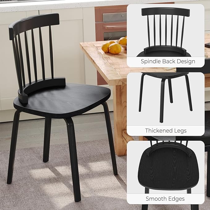 Unovivy Black Dining Chairs Set of 6, Wooden Windsor Chairs, Farmhouse Kitchen Chairs, Black Spindle Chair for Dining Room, Restaurant