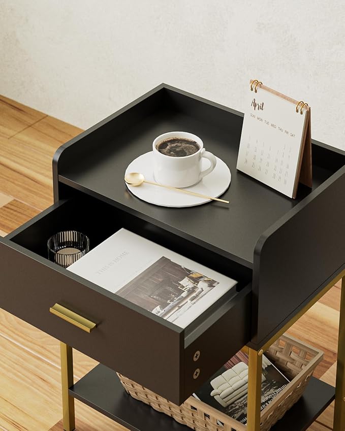 Nightstand,3-Tier Modern Night Stand,Bedside Table with Storage Drawer and Shelf,Small Side Table for Bedroom,Living Room,Black