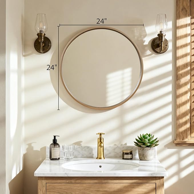 HOMECOOKIN Round Wood Mirror 24 inch Circle Wall Mirror for Bathroom, Vanity, Entryway, Living Room Decor, Natural Wood Accent Mirror
