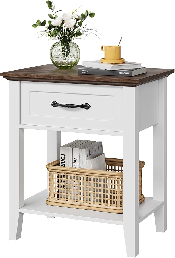IDEALHOUSE Nightstands Set of 2, End Table with Drawer, Side Table for Spaces, 2 Tiers Storage Shelves with Dresser, Bedside Table for Living Room, Bedroom, Dorm (2pcs-White)