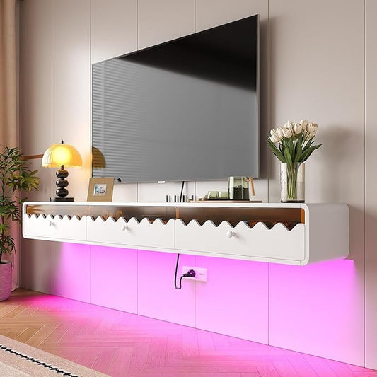 Floating TV Stand, 47IN Fully-Assembled Wall Mounted Wave Glass with Flip-Down Door & Drawers, Modern Media Entertainment Console Under TV Shelf for Livingroom