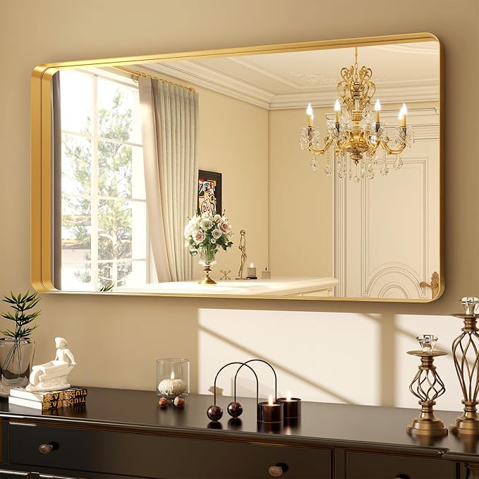 48 x 30 Inch Gold Bathroom Mirror, Rectangular Wall Mounted Shatterproof Mirror, Aluminum Alloy Frame with Rounded Corners, Horizontal or Vertical for Farmhouse Decor