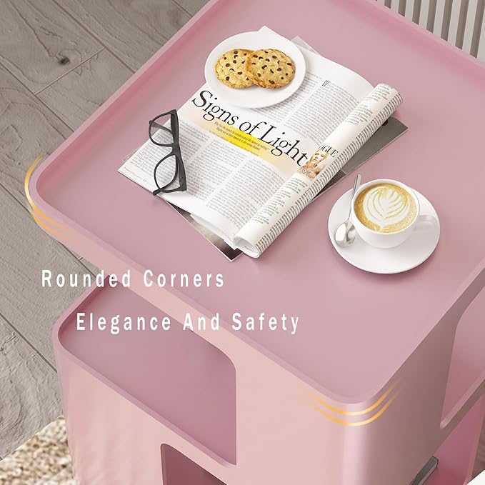 Metal Small Nightstands, Modern Side Table with 3 Tiers Storage, Pink End Table for Couch, Living Room Bedroom, Bedside Tables No Assembly Required