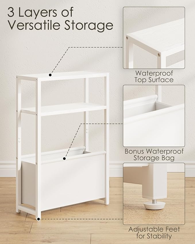 Narrow Side Table, 3-Tier Side Table with Storage Bag, Narrow Nightstand for Small Spaces, Bedside Table for Living Room, Bedroom, White