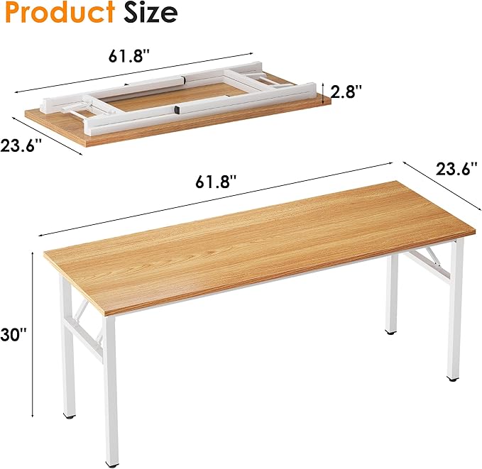 SDHYL 62 inches No Assembly Foldable Computer Desk for Home Office Workstation, Modern Large Folding Study and Writing Table with Metal Frame, Teak and White