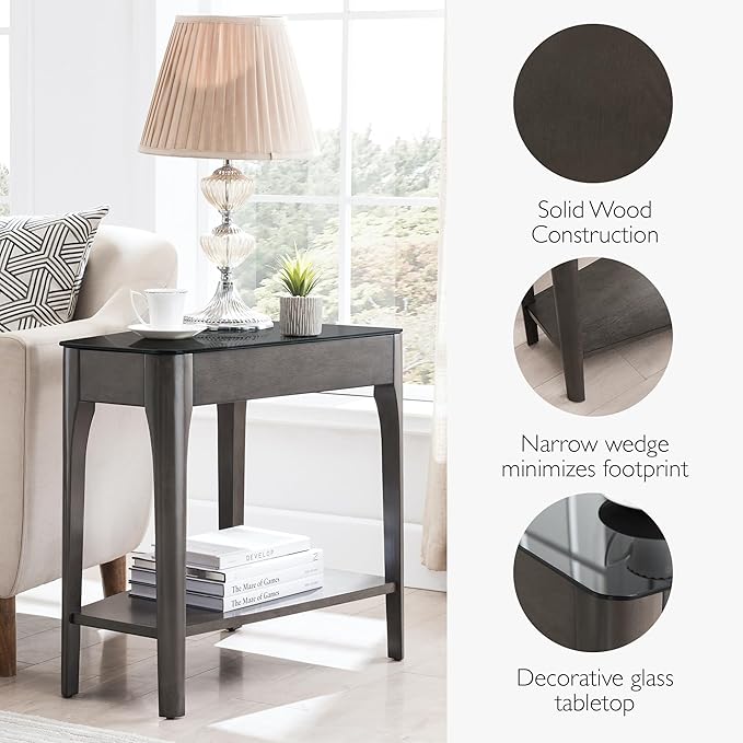 Leick Home Obsidian End Table, Solid Wood, Narrow Wedge Shape, Glass Tabletop, Bottom Display Shelf, Easy Assemlby, Smoke Gray/Black, 24.0 in. L x 17.0 in. W x 24.0 in. H, 11102-GR