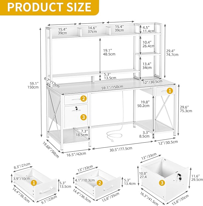 DWVO Computer Desk with Drawers & Hutch, 59.1" Office Desk with Power Outlets & LED Lights, Home Office Desk with Storage Shelves, White