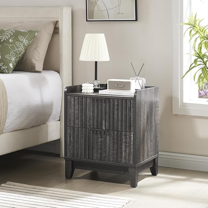 Wnutrees Fluted Nightstand with Charging Station, Modern Bedside Table with 2 Drawers, Farmhouse Wooden End Side Table Living Room, Dark