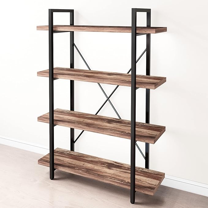 45MinST 4-Tier Vintage Industrial Style Bookcase/Metal and Wood Bookshelf Furniture for Collection,Vintage Brown, 3/4/5 Tier (4-Tier)