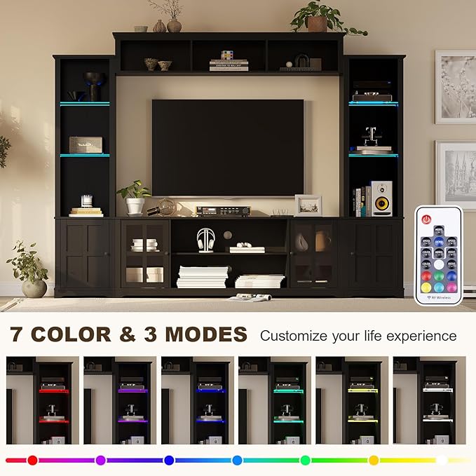 Wall Unit TV Stand with Storage & LED Lights, Large Entertainment Center with Bookshelves for TVs up to 75", Media Console for Living Room, Black