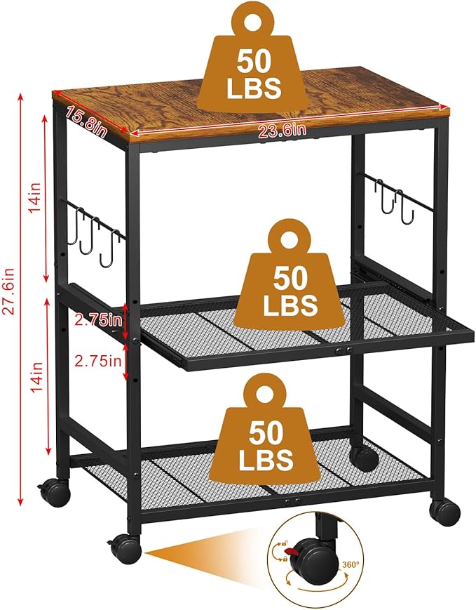 Microwave Cart with Adjustable Drawer Slider Shelves, 3 Tier Rolling Kitchen Microwave Stand with Storage, Small Kitchen Utility Cart on Lockable Wheels, Coffee Cart with Hooks