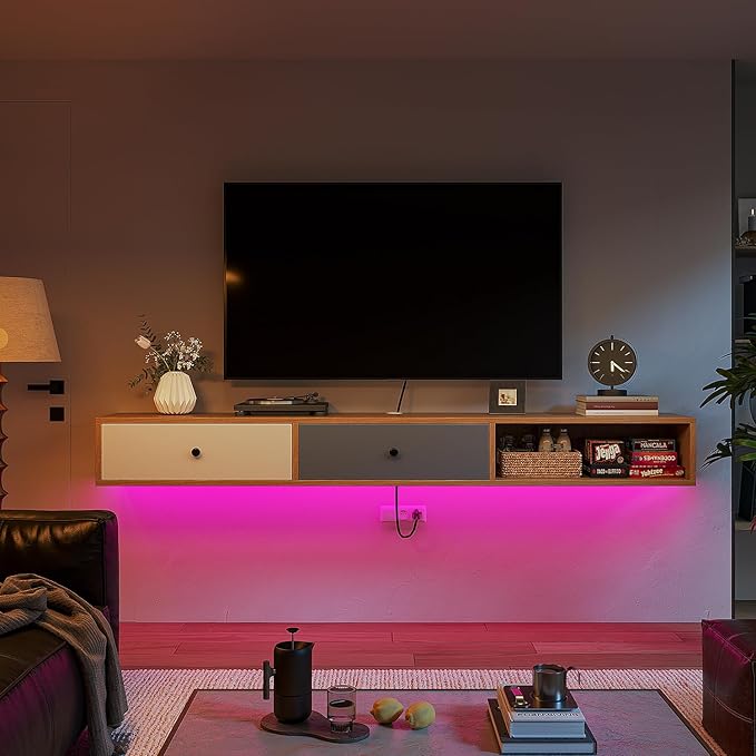 Modern Floating TV Stand with Doors, 47 Inch Wall Mounted TV Console,Floating Media Console Cabinet Under TV Shelf for Living Room Bedroom,Natural