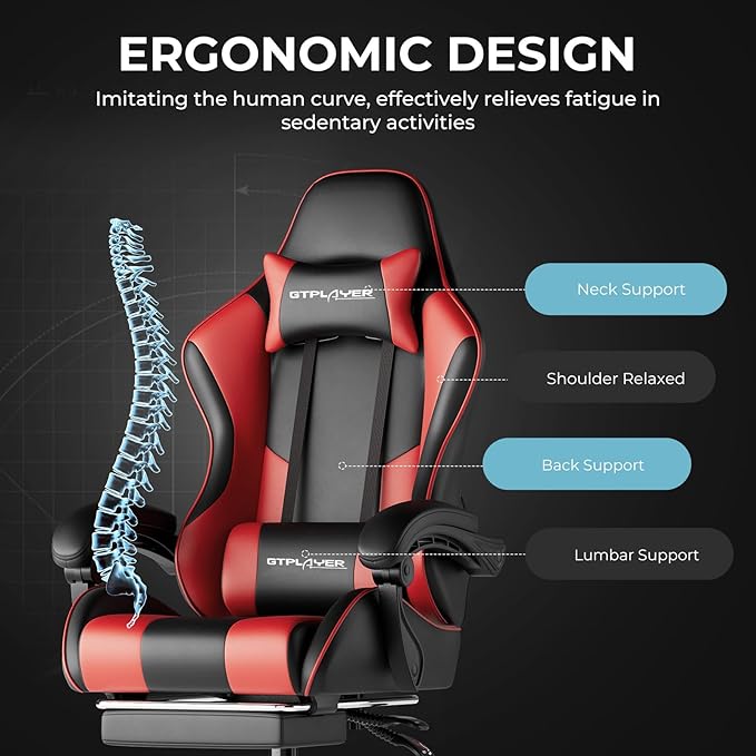 GTPLAYER Gaming Chair, Computer Chair with Footrest and Lumbar Support, Height Adjustable Game Chair with 360°-Swivel Seat and Headrest and for Office or Gaming (Faux Leather, Red)