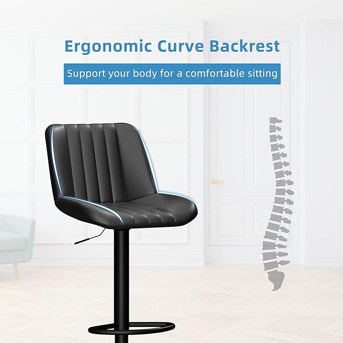 Shintenchi Swivel Bar Stools Set of 2, Adjustable Faux Leather Upholstered Swivel Counter Stools, Armless Bar Height Island Chairs with Back and Footrest, Black
