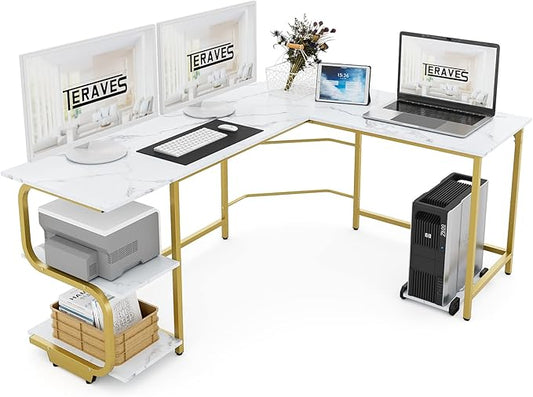 Teraves Reversible L Shaped Desk with Large Surface, 69 Inch Sturdy Corner Desk with Storage Shelves, Premium Office Computer Desk Workstation for Home Office Gaming