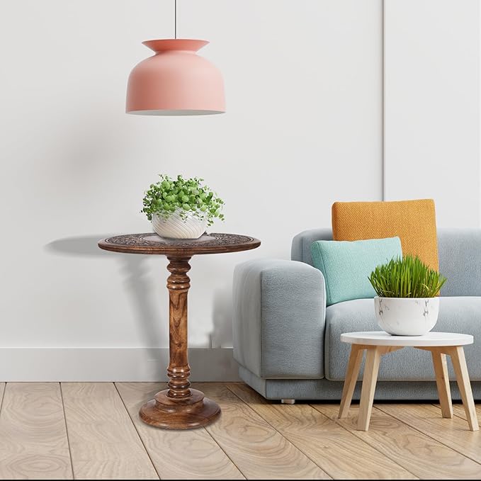 Lightnpro Hand-Carved Wooden Pillar Table - Rustic Accent Vintage Side End Table for Living Room, Entryway, Bedroom, Books, Plants, Lamps & Home Décor - Antique Burnt Finish, 18x22 Inch
