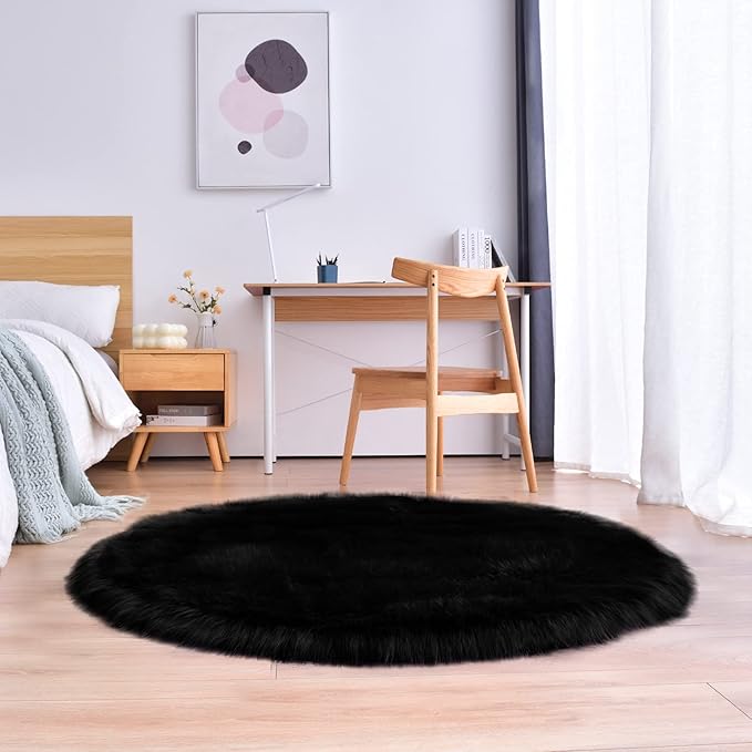 duduta Black Faux Sheepskin Round Rug 4x4 ft, Fluffy Shag Fur Bedroom Nursery Kids Playroom Rug Dorm Decor Non Slip Washable