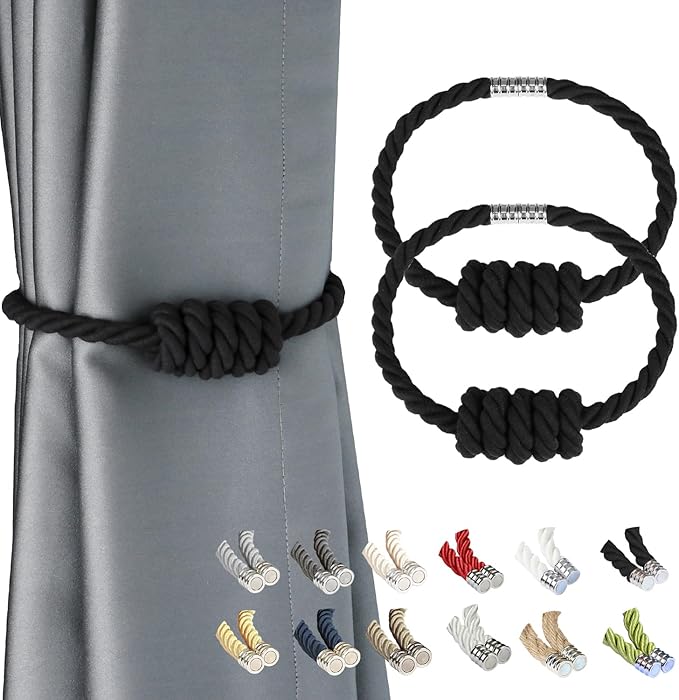 BEL AVENIR Magnetic Cotton Curtain Tiebacks, Decorative Drapery Holdbacks Modern Woven Tie-Backs with Exquisite Knot (Black Cotton, 2 Pack)