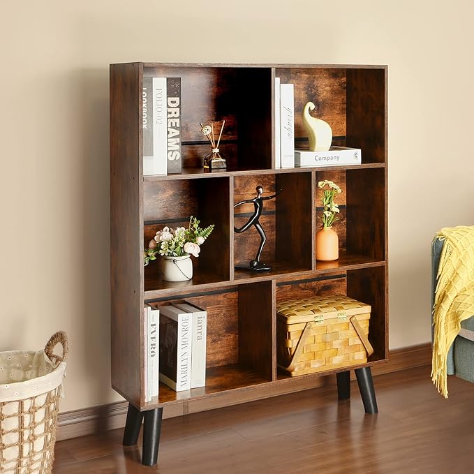 LEYAOYAO Cube Bookshelf 3 Tier Mid-Century Rustic Brown Modern Bookcase with Legs,Retro Wood Bookshelves Storage Organizer Shelf,Freestanding Open Book Shelves for Bedroom,Living Room,Office
