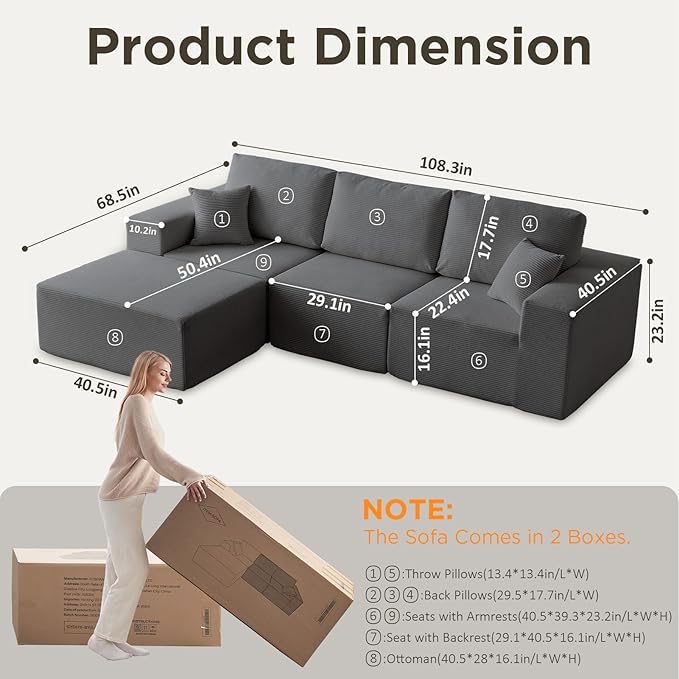 INGEROOM 108" Cloud Sectional Couch, Modular Sectional Sofa with L-Shaped Chaise, Modern Plush Corduroy Couch for Living Room Bedroom, No Assembly Required, Deep Seating Floor（Dark Gray）