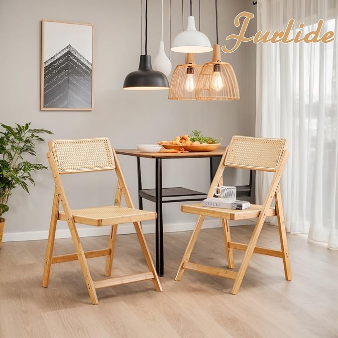 Rattan Folding Chairs, Modern Mid Century Dining Chairs Set of 2, Outdoor Bamboo Chair for Bedroom Living Room Reading Room Dining Kitchen, Wood
