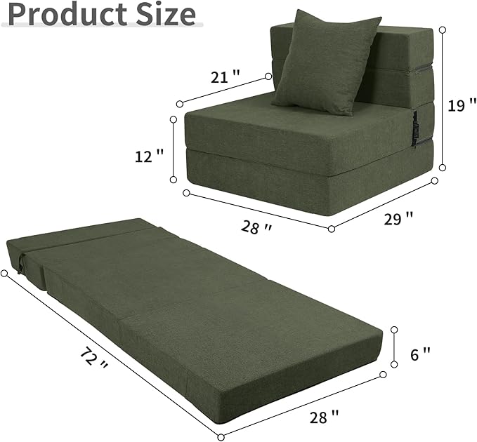 High-Density Memory Foam Folding Sofa Bed with Fluffy Pillow, Single Size, Green