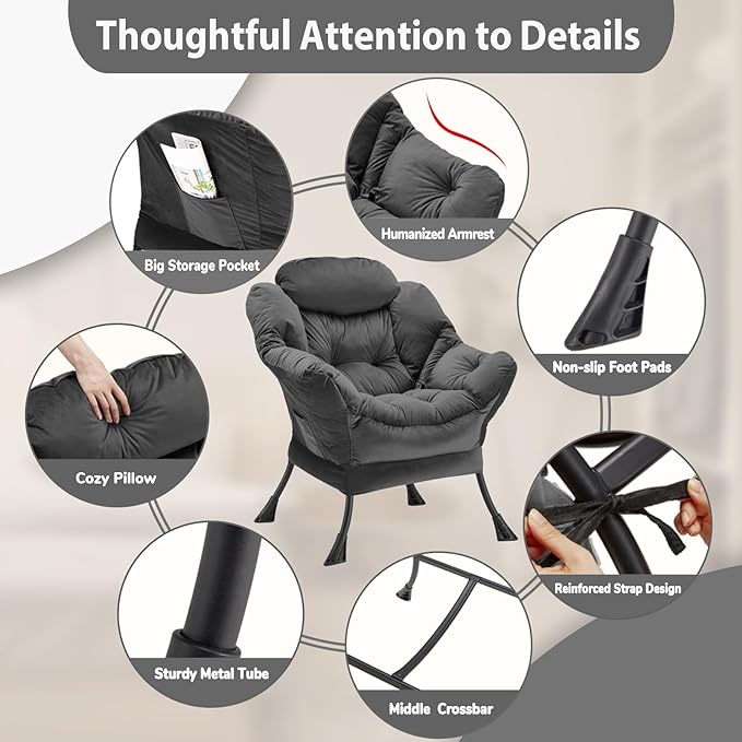 Lazy Chair Thick Padded, Comfy Velvet Accent Lounge Chair with Stable Frame, Leisure Sofa Armchair with Armrests and Side Pocket, Reading Chair for Bedroom, Living Room, Office, Charcoal
