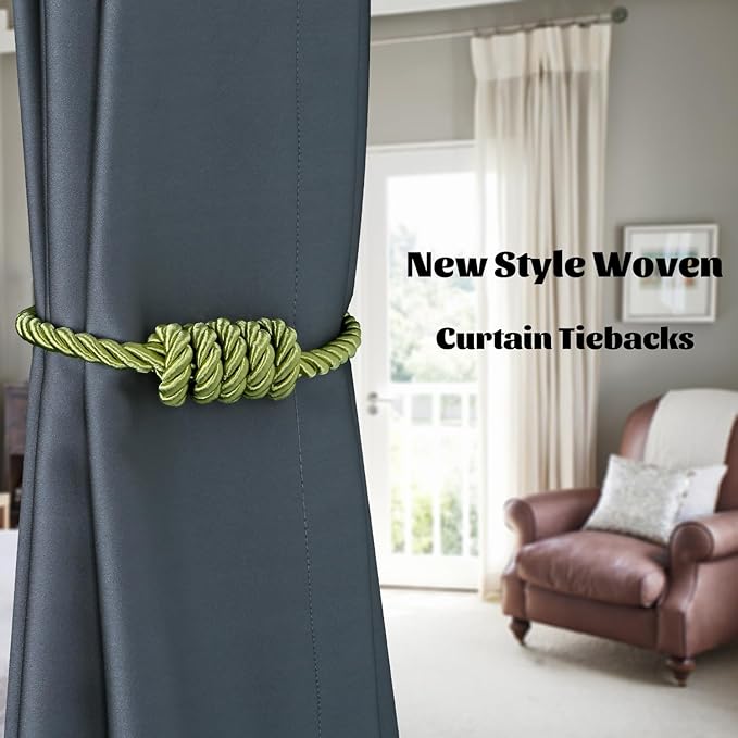 BEL AVENIR Magnetic Curtain Tiebacks, Decorative Drapery Holdbacks Modern Woven Tie-Backs with Exquisite Knot (Green, 4 Pack)