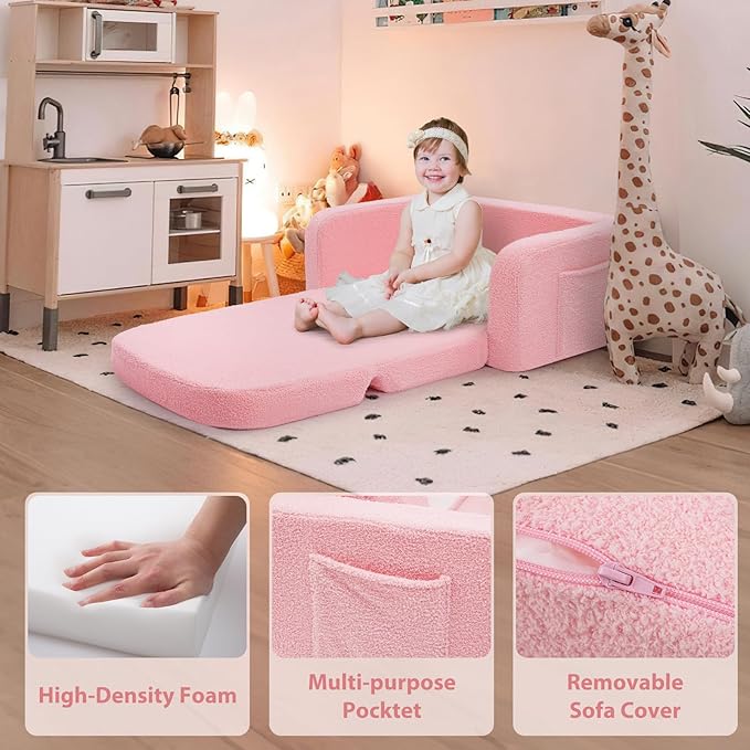 Extra Wide Kids Couch, 2-in-1 Soft Toddler Couch with Blanket, Comfy Toddler Chair, Convertible Sofa to Lounger with Cute Colorful Rainbow Design, Pink