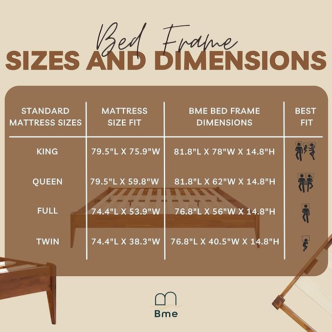 Bme Dinkee King Bed Frame Wood 15 Inch - Solid Wood Platform Bed Frame - Japanese Joinery Bed - Modern & Minimalist Style - Wood Slat Support - Easy Assembly - No Box Spring Needed - Caramel