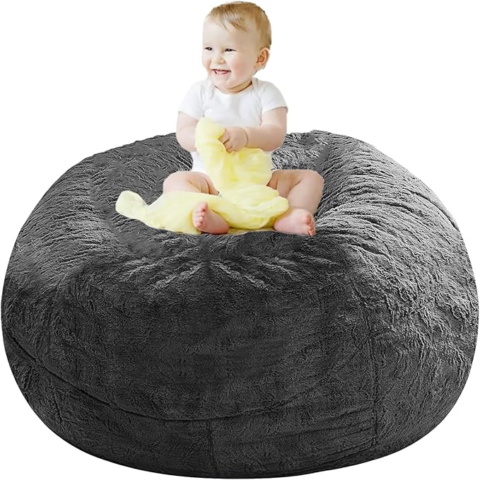 Giant Fur Bean Bag Chair Cover for Kids Adults, (No Filler) Living Room Furniture Big Round Soft Fluffy Faux Fur Beanbag Lazy Sofa Bed Cover (Grey, 3FT)