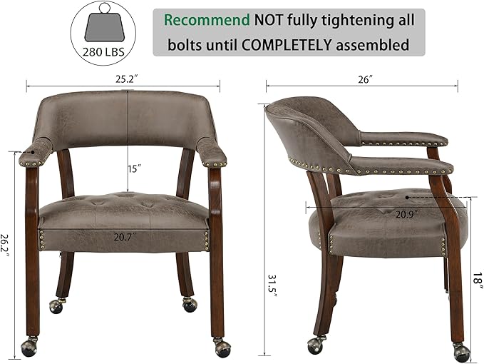 LEEMTORIG Large Dining Chairs with Casters and Arms, Rolling Dining Chairs with Wheels, Poker Chairs, Solid Wood Office Desk Chairs, 26"D x 25.2"W x 31.5"H, Cherry Legs & Dark Brown Fabric SY-1533-DK