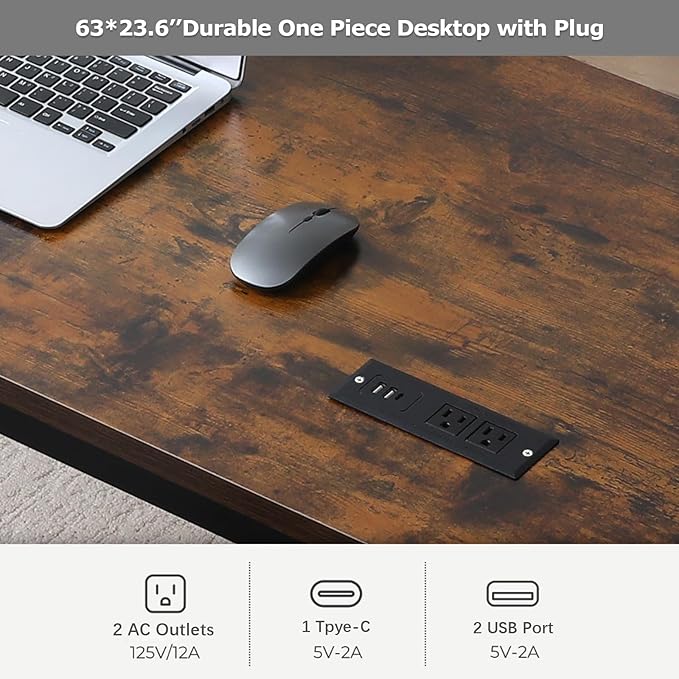 Large Computer Desk - 63 Inch Home Office Desks Study Student Writing Table Gaming Desk Wood Modern Simple Table with USB Ports, Rustic Brown