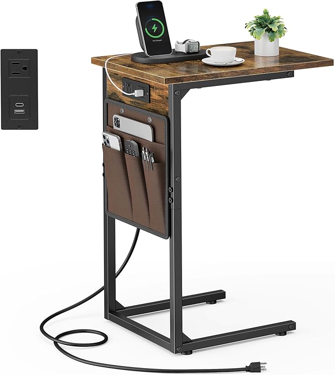 Vagusicc C Shaped End Table with Charging Station, Small Side Table for Couch, Tall Sofa Table Couch Side Tables, Slide Under Sofa Table TV Tray Arm C Tables for Living Room, Bedroom, Bedside, Brown