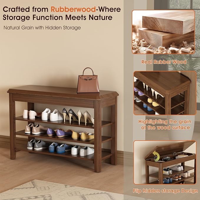 Shoe Rack Bench Seat Rubberwood 3-Tier Wooden Storage Bench 550lbs Compact Mid-Century Modern Design for Entryway, Hallway, Closet, Front Door Entrance, Foyer