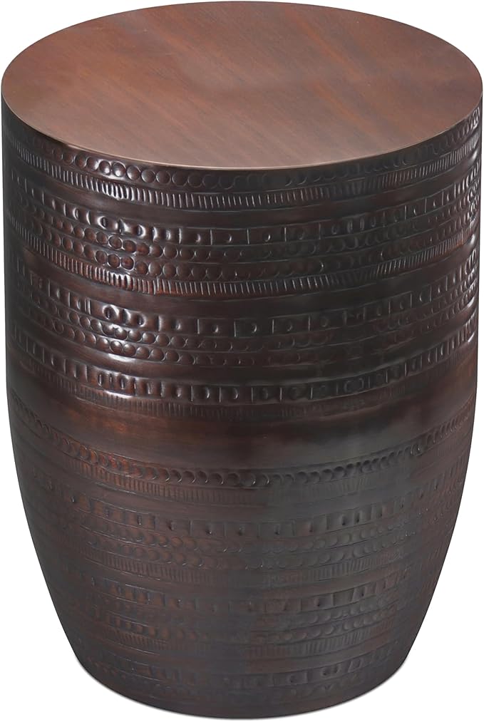 SIMPLIHOME Johnsen Metal Table - 15 inch Wide Solid Iron Drum Accent Table in Oil Rubbed Bronze with Tribal Pattern, Round Boho End Table for Living Room, Bedroom, or Home Office, Fully Assembled