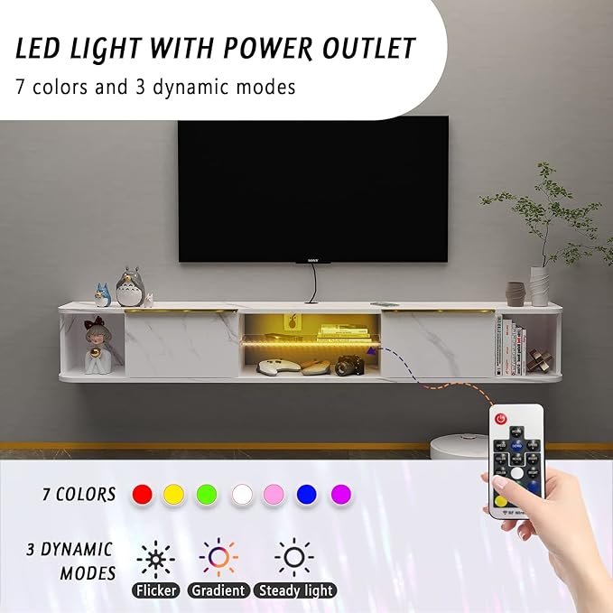 Pmnianhua LED Floating TV Stand with 2 Drawers,70'' Floating TV Shelf with LED Lights,Wall Mounted Media Console,Floating Entertainment Center with Storage for Bedroom Playroom Living Room(White)