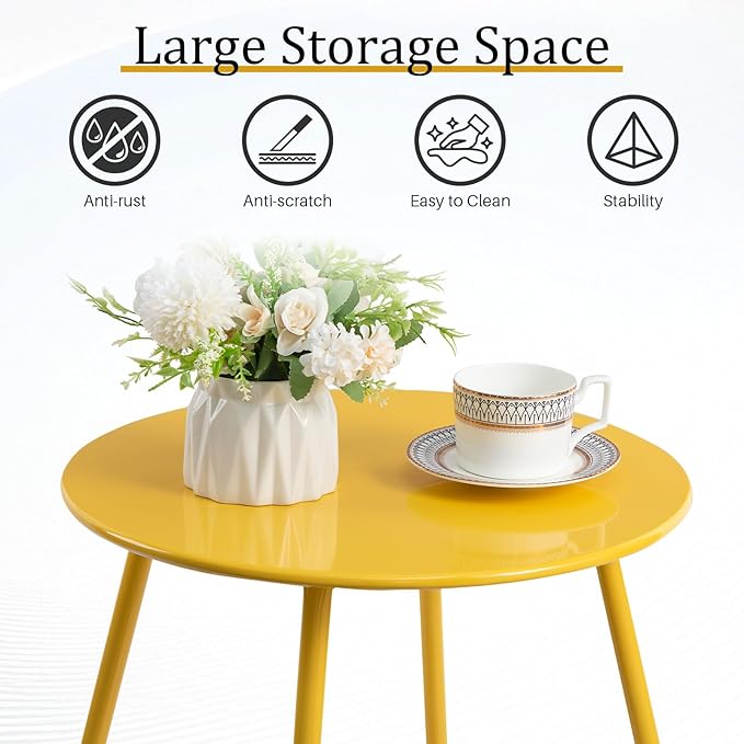 HollyHOME Round Metal Side Table, Rust-Resistant Patio Small Plant Stand, Outdoor 17.32'' Portable End Table for Balconies, Gardens, Living Rooms and Bedrooms, Yellow
