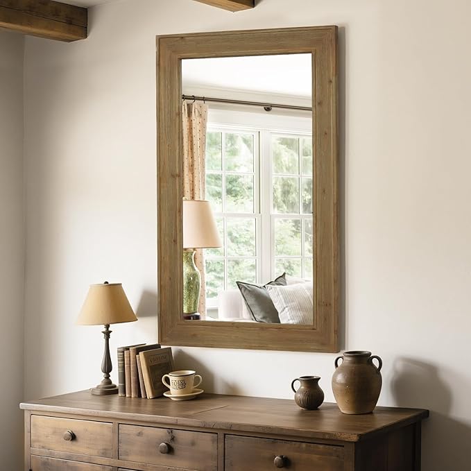 WallBeyond Rustic Wood Framed Mirror, 30" x 48" Farmhouse Decorative Wall Mirror, Vintage Solid Wood Rectangular for Bathroom, Entryway & Living Room, Natural