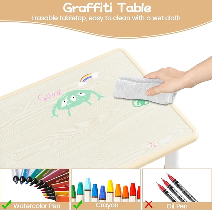GarveeHome Kids Table and 6 Chairs Set, Height Adjustable Toddler Table and Chair Set, Graffiti Desktop, Children Study Play Dinner Table for Home Daycare Preschool for Ages 2-8, Beige