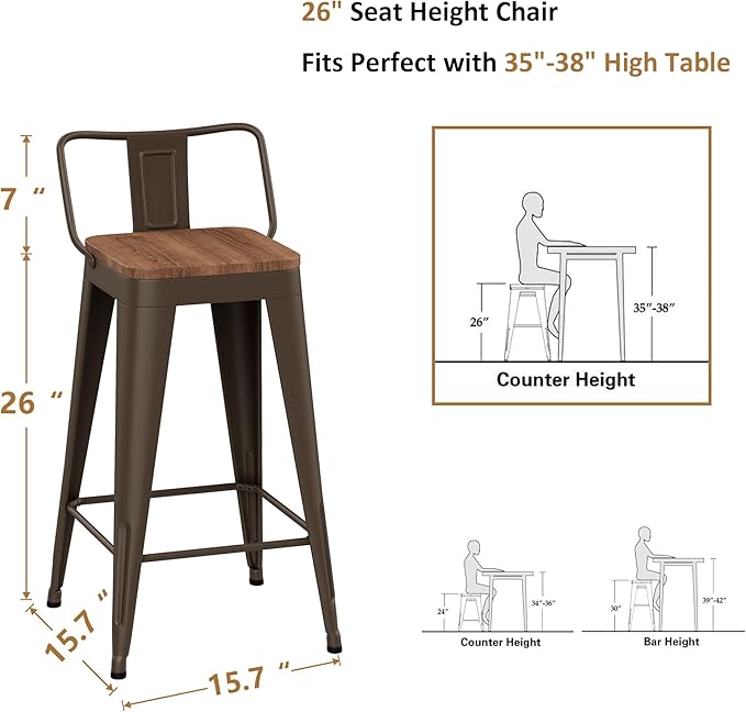 WENTMENT Bar Stools Set of 4 Counter Height Bar Stools Metal Barstools with Removable Back 26" Kitchen Bar Stools with Wooden Seat, Rusty