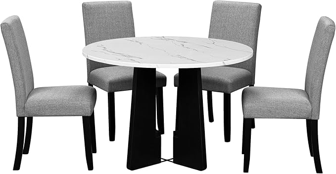 Merax 5-Piece Round Dining Table Set, Modern 4 Upholstered Chairs for Living,Kitchen Room, 43 Inch, White+Gray