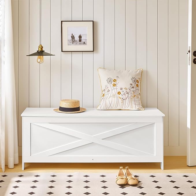 47.2" Toy Chest, Sturdy Entryway Storage Chest with Safety Hinge, Retro Toy Box, Wooden Look Accent Furniture for Living Room, Bedroom, White SCBW48801