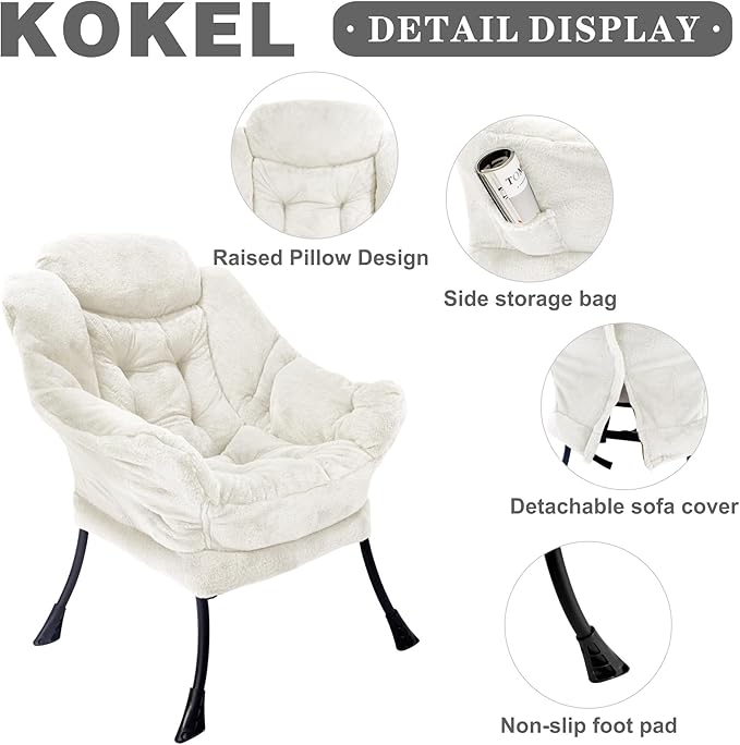 Lazy Chair with Folding Ottoman,Living Room Chairs, Accent Contemporary Lounge Chair, Single Steel Frame Leisure Sofa Chair with Armrests and A Side Pocket (TM3WHITE)